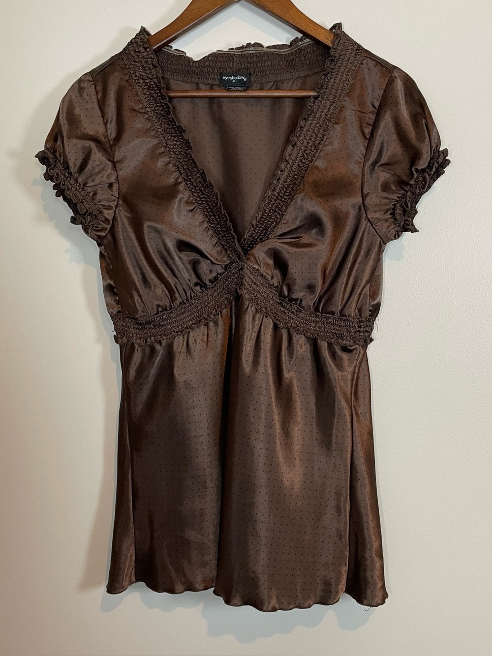Y2K Satin Brown Polka Dot V-neck Baby Doll Eye Shadow Medium Blouse